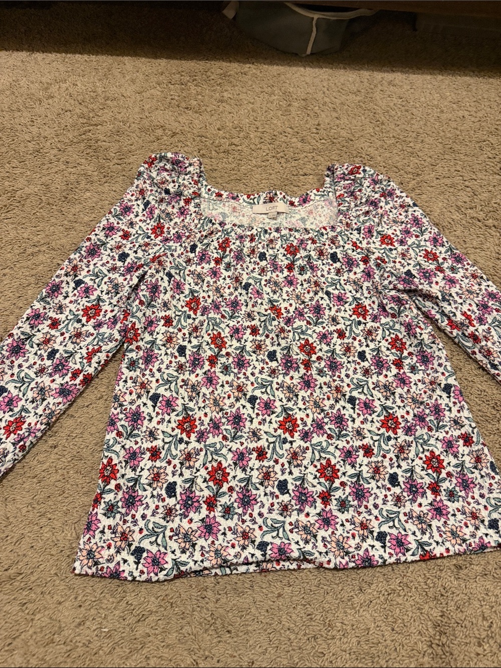 LOFT White Long Sleeve Top with Red, Pink and Green Floral Print-square neck